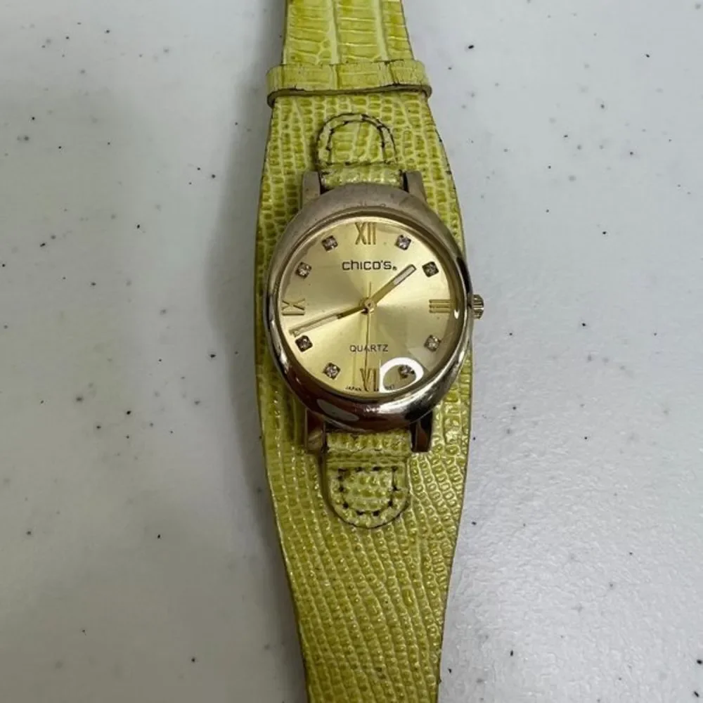 Chicos Watch Green‎ Yellow Leather Croc Embossed Silver Tone Quartz